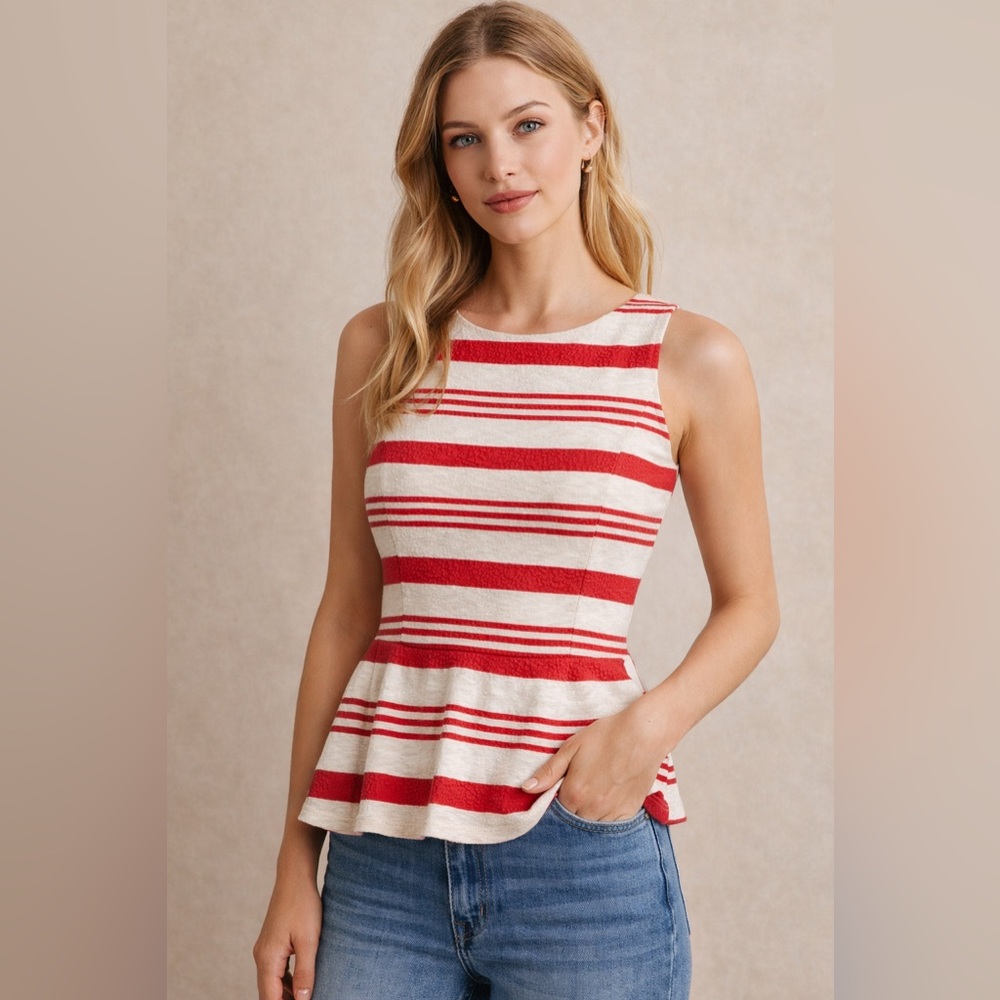 Anthropologie Vanessa Virginia Red Cream Striped Peplum Top XS